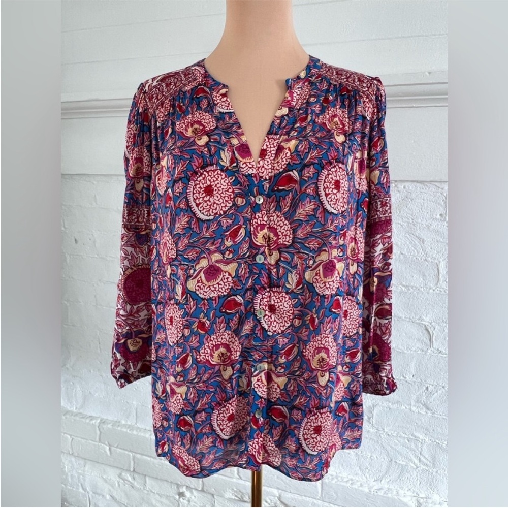 EUC ba&sh Vlad Shirt in Blue Red Floral Multi Boho Button Front Blouse Medium - Picture 2 of 4